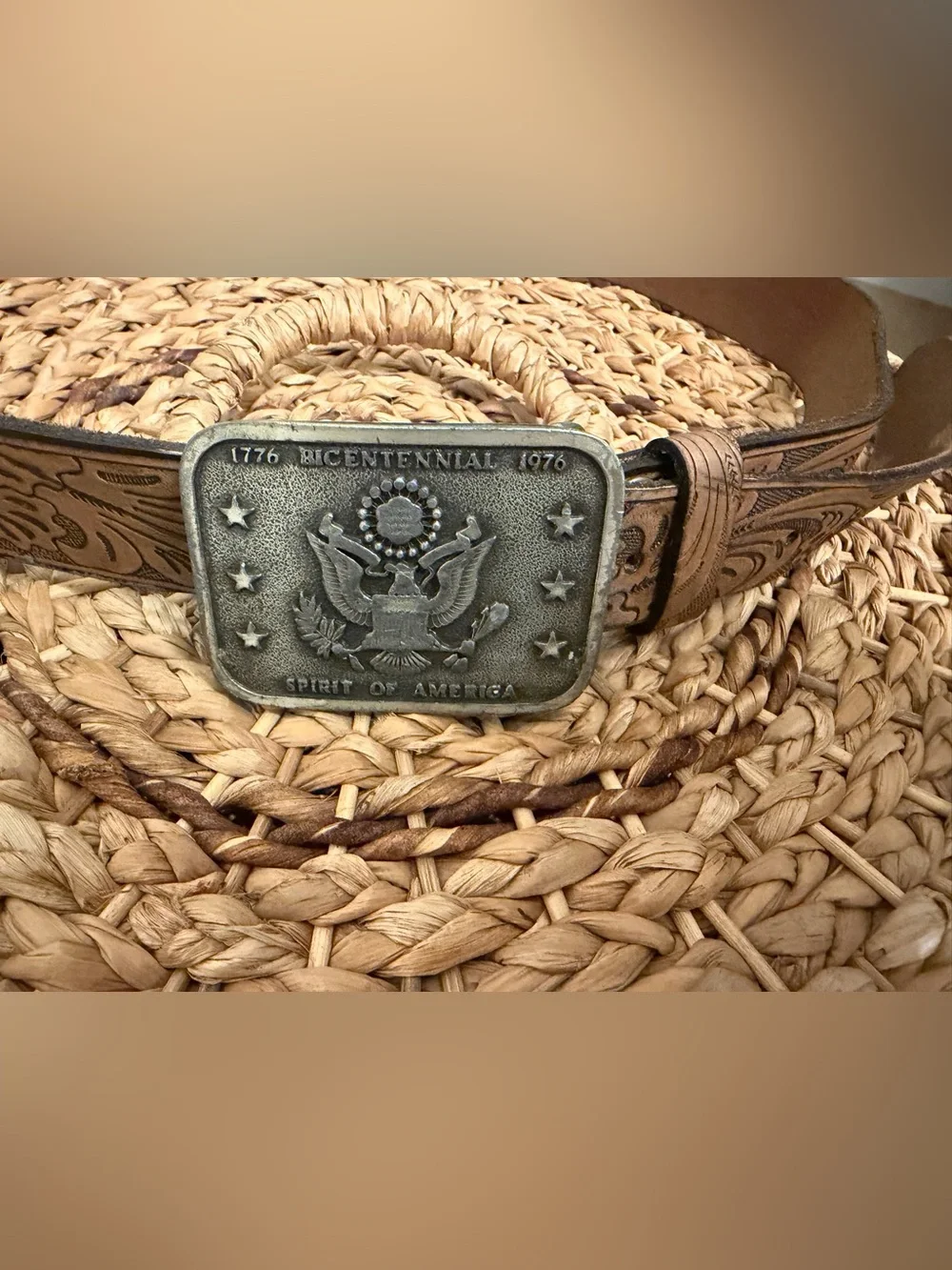 Brown Tooled Leather Men's Belt with Silver Buckle